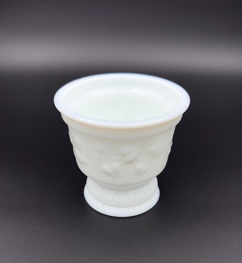 Vintage Opaline Milk Glass Footed Planter, Embossed Floral, 4" Compote